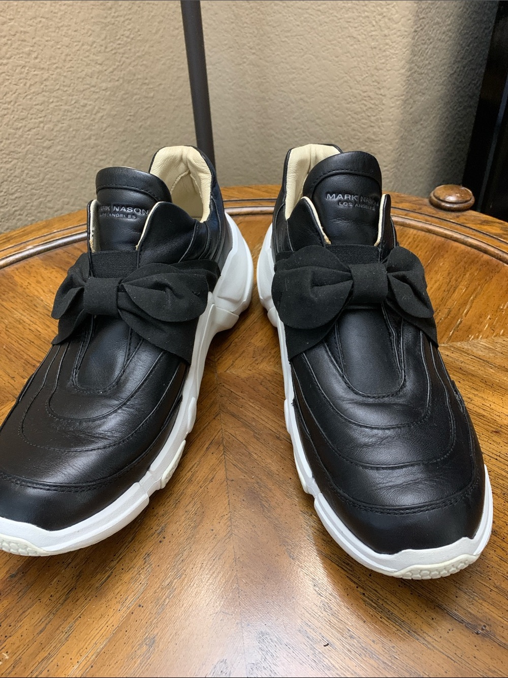 Mark Nason Black Leather Bow Accent Athletic Sneakers with White Soles